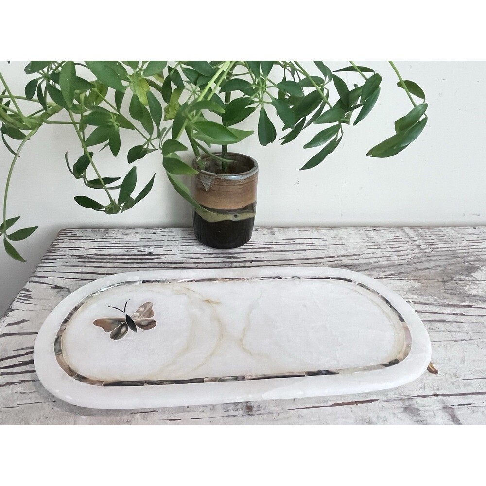 Vintage White Quartz Butterfly Mother-Of-Pearl Inlay Decorative Trinket Tray 12”